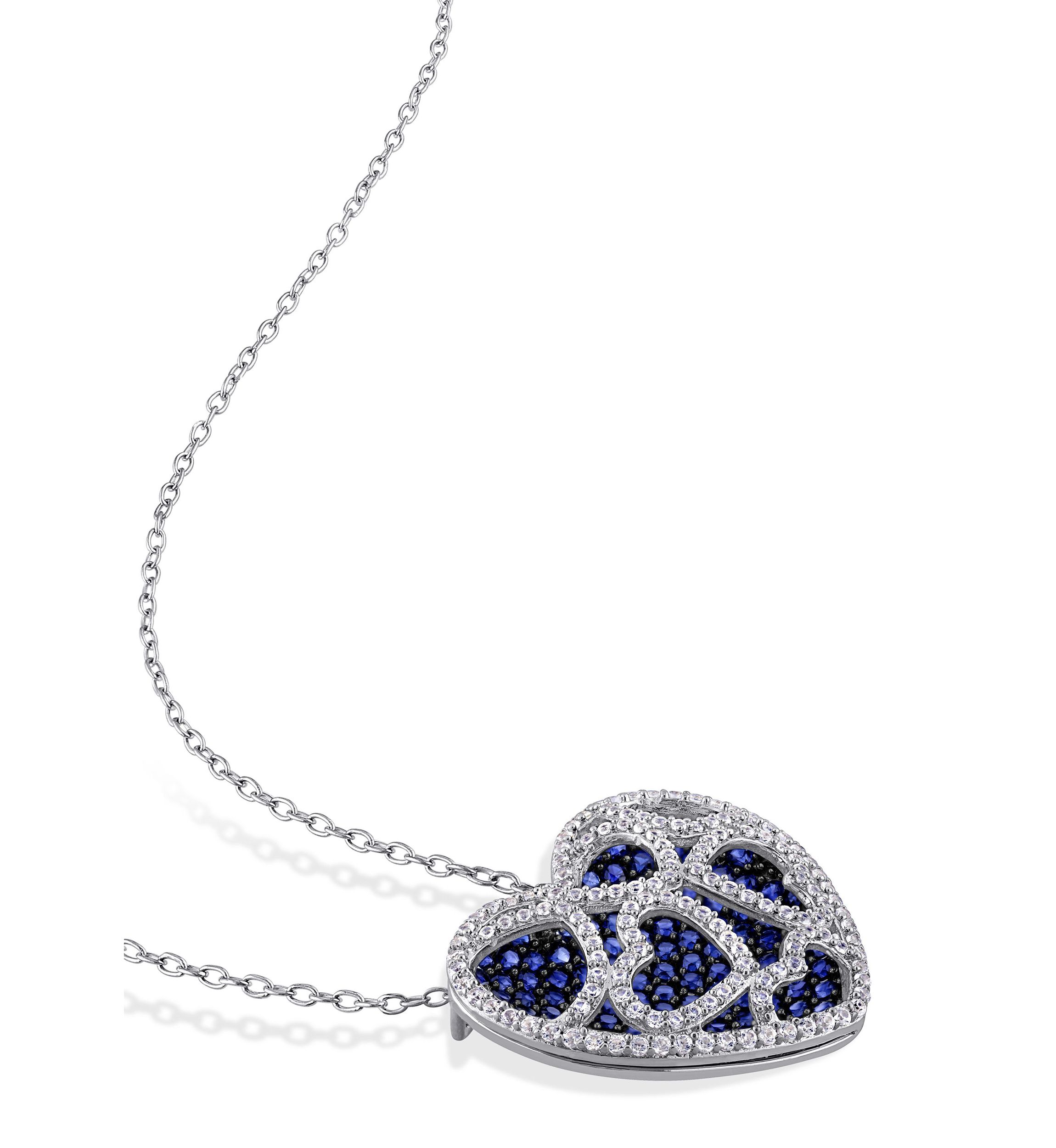 4 CT TGW Created Blue and Created White Sapphire Heart Cluster Necklace in Sterling Silver