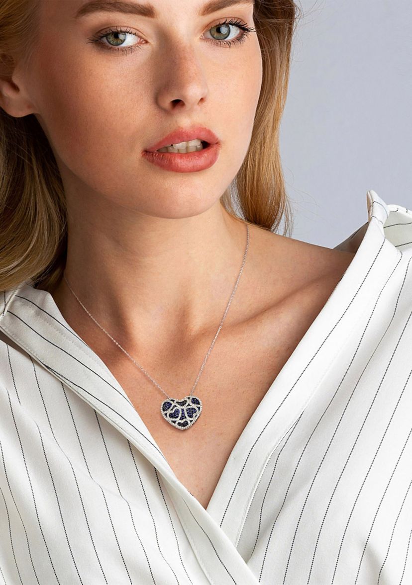 4 CT TGW Created Blue and Created White Sapphire Heart Cluster Necklace in Sterling Silver