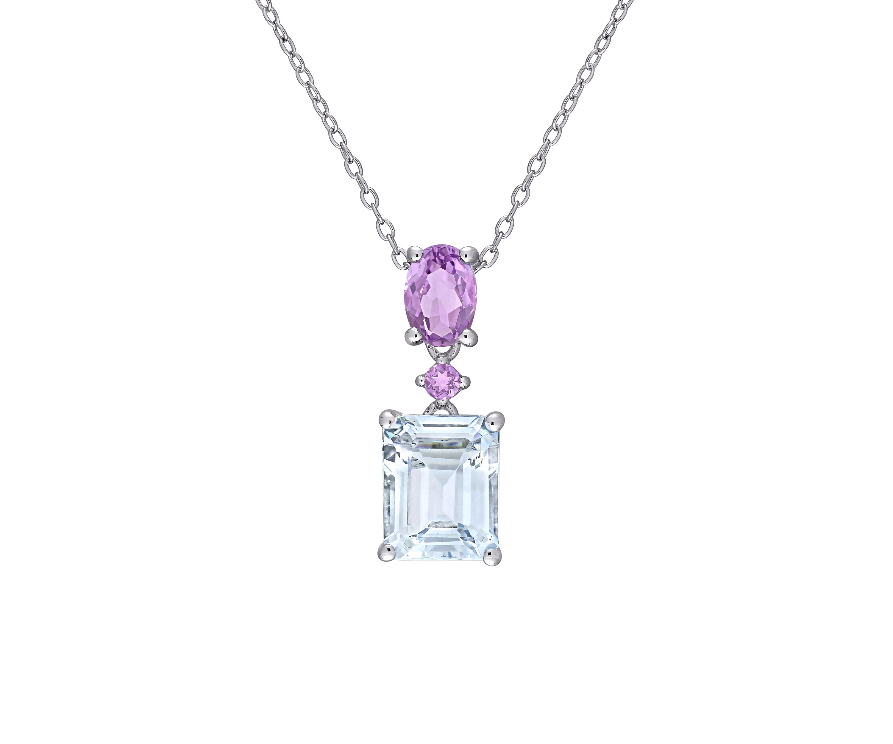  3 ct. t.w. Ice Aquamarine and 4/5 ct. t.w. Amethyst Two-Tier Drop Pendant with Chain in Sterling Silver