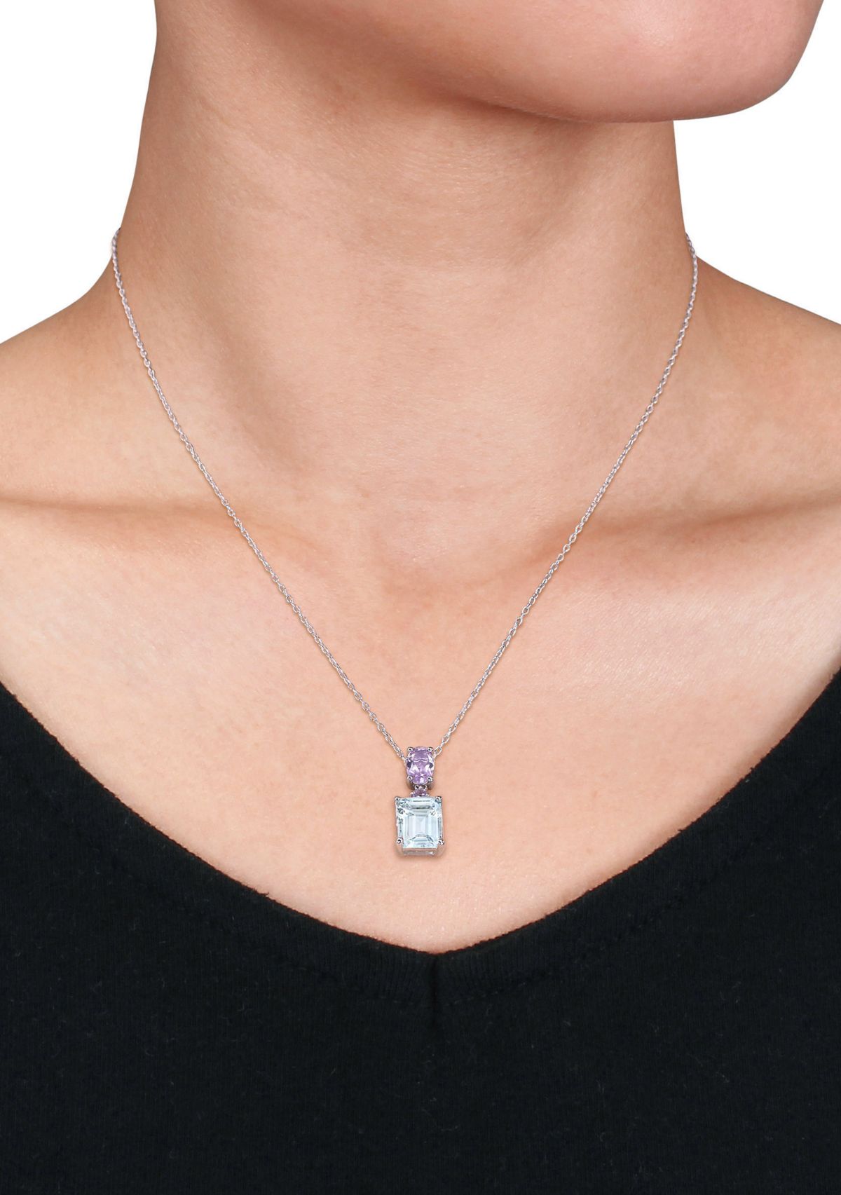  3 ct. t.w. Ice Aquamarine and 4/5 ct. t.w. Amethyst Two-Tier Drop Pendant with Chain in Sterling Silver
