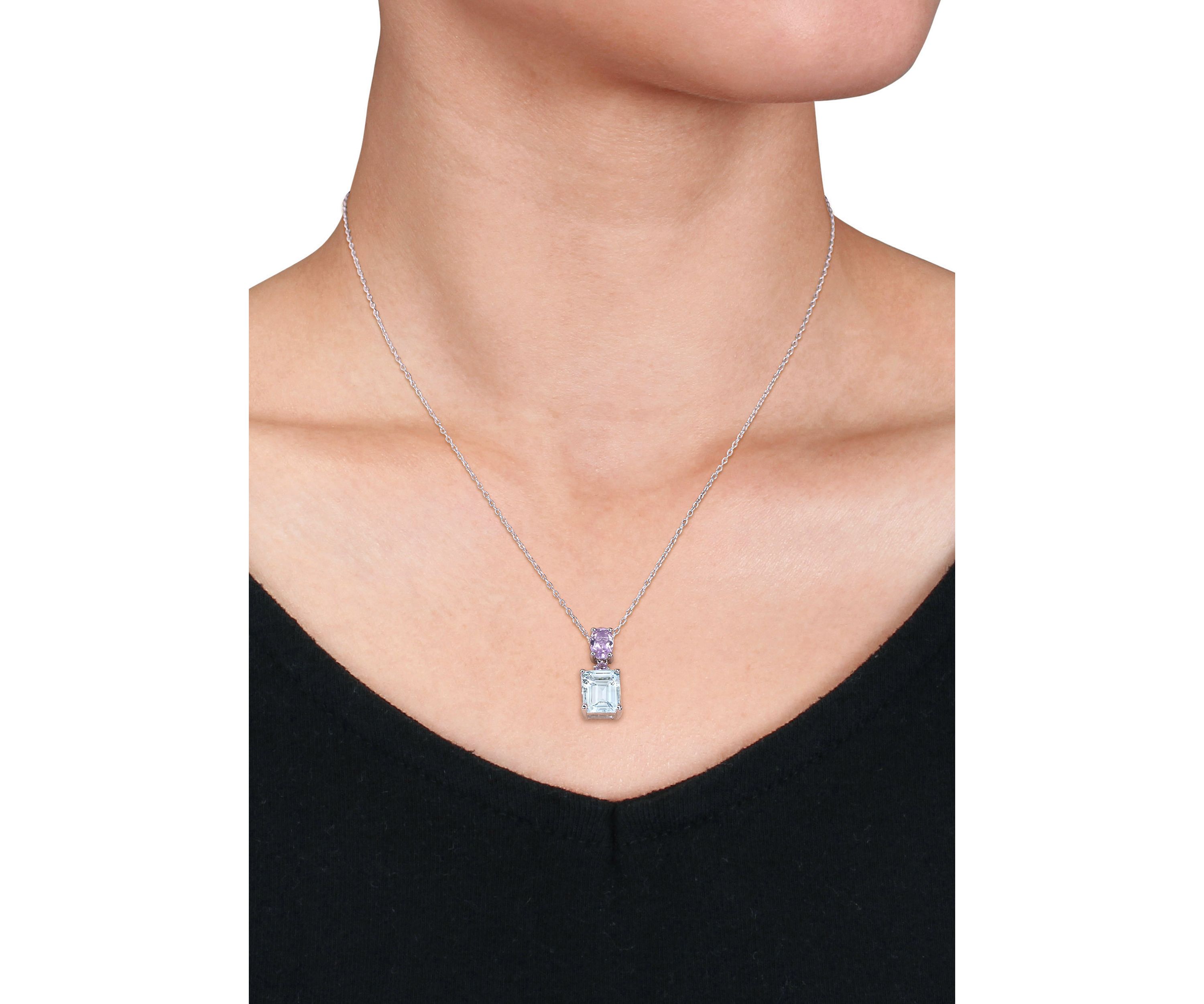  3 ct. t.w. Ice Aquamarine and 4/5 ct. t.w. Amethyst Two-Tier Drop Pendant with Chain in Sterling Silver