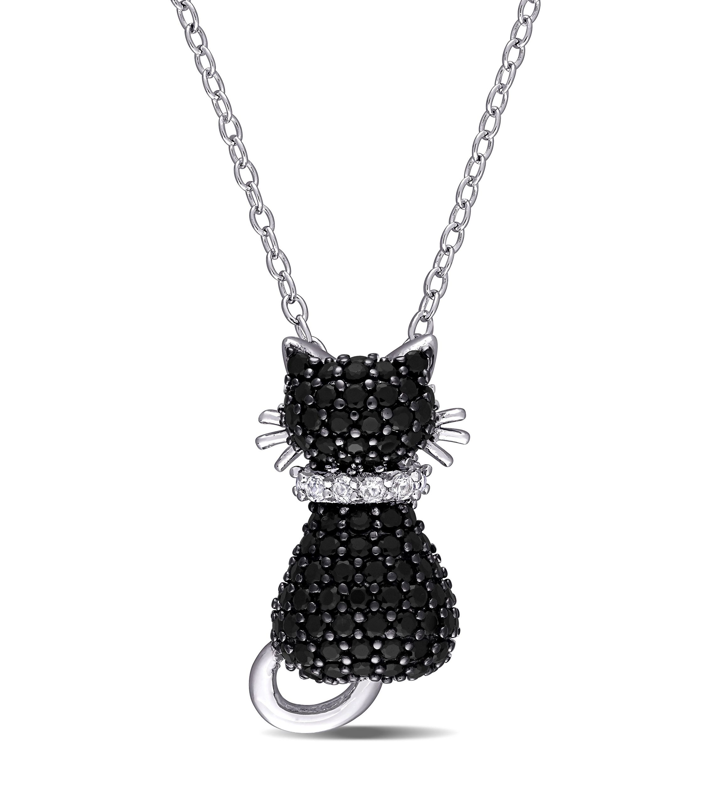 Black Spinel and Created White Sapphire Kitty Cat Pendant with Chain in Sterling Silver with Black Rhodium