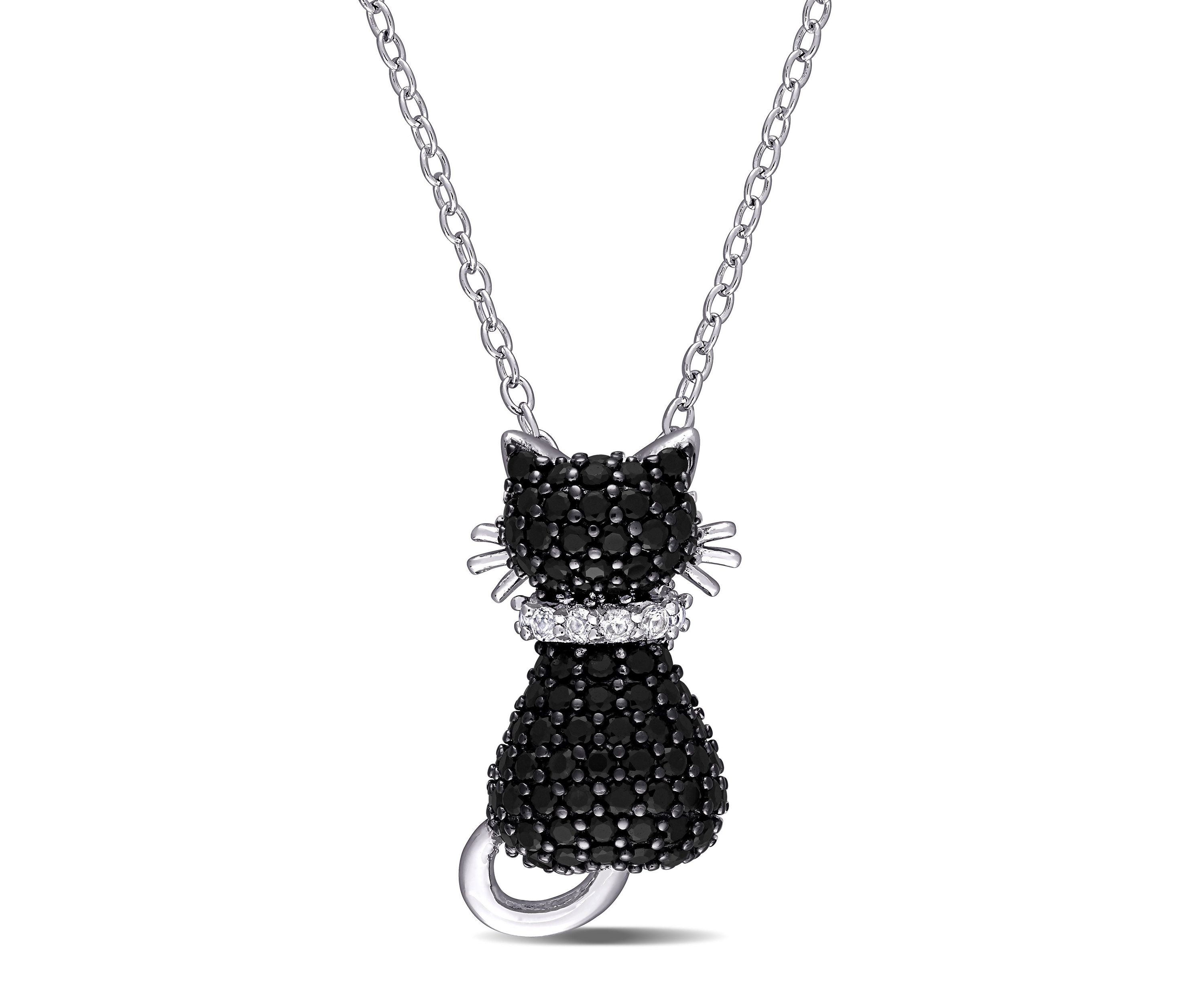 Black Spinel and Created White Sapphire Kitty Cat Pendant with Chain in Sterling Silver with Black Rhodium