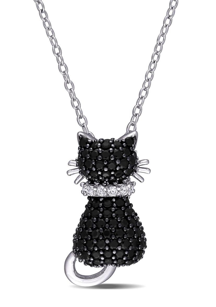 Black Spinel and Created White Sapphire Kitty Cat Pendant with Chain in Sterling Silver with Black Rhodium