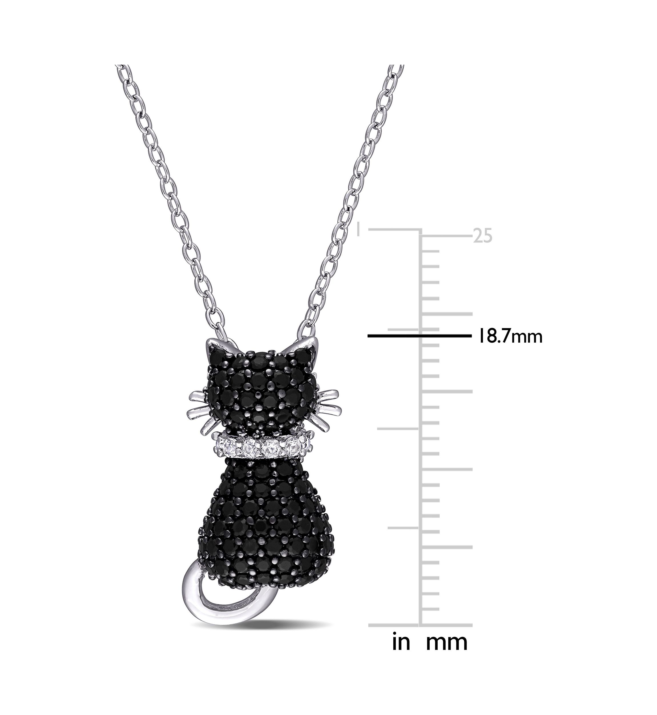 Black Spinel and Created White Sapphire Kitty Cat Pendant with Chain in Sterling Silver with Black Rhodium