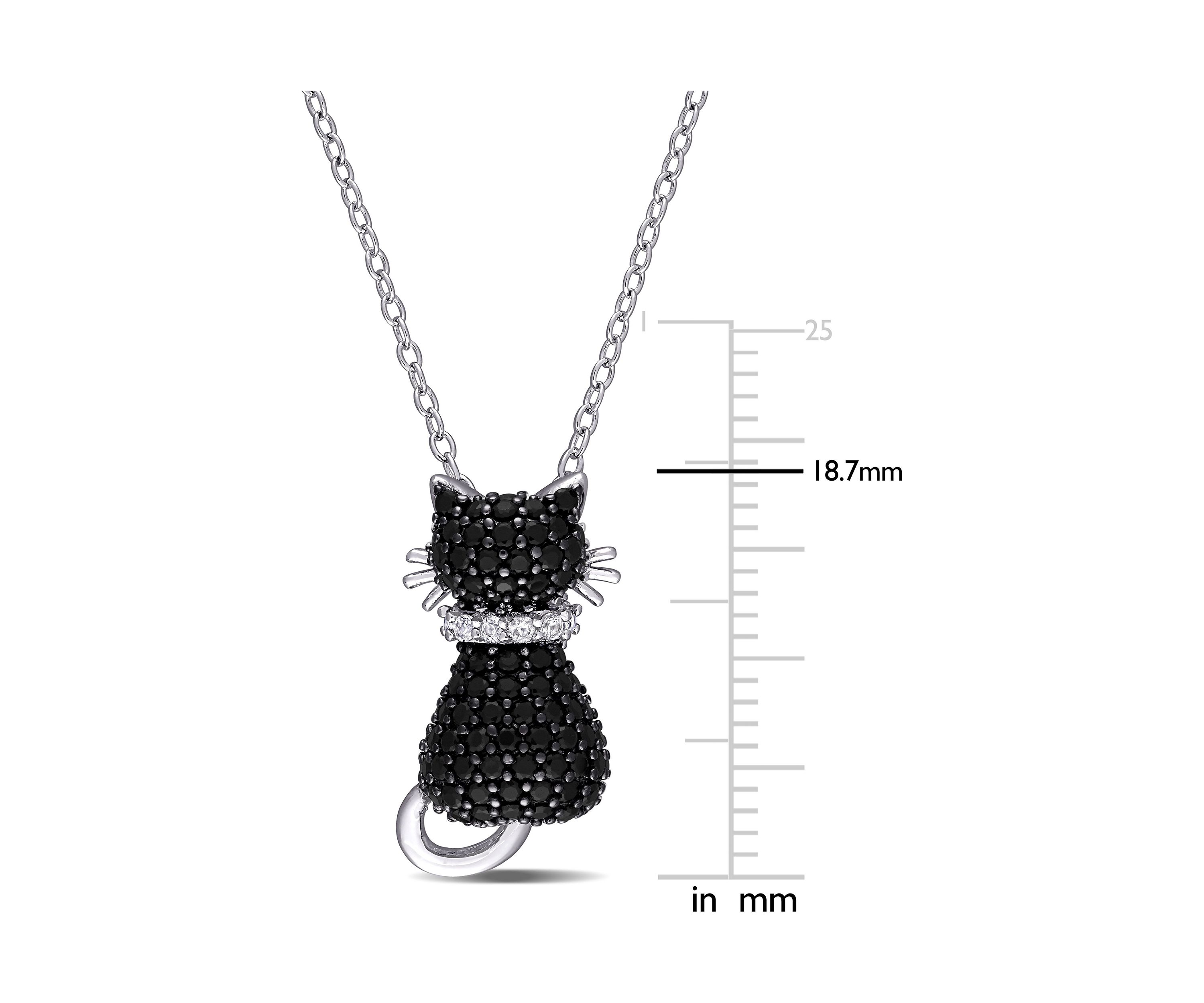 Black Spinel and Created White Sapphire Kitty Cat Pendant with Chain in Sterling Silver with Black Rhodium