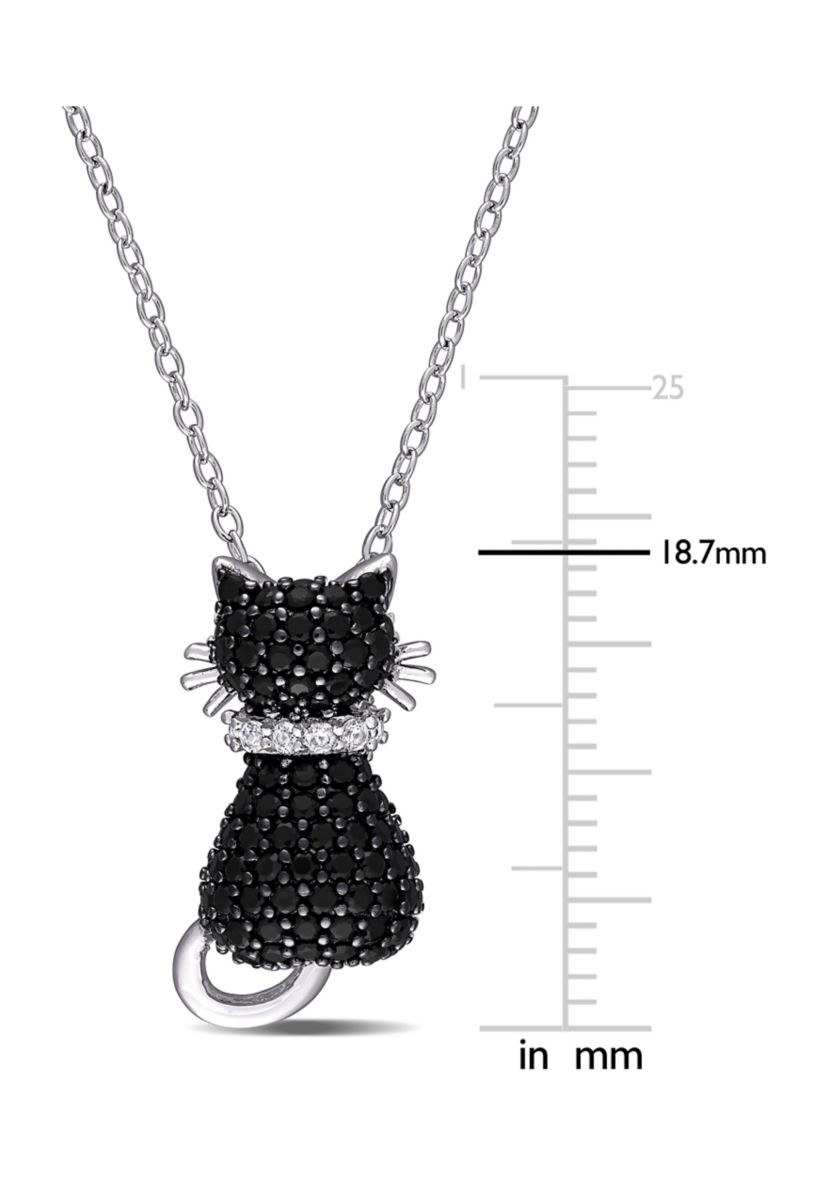 Black Spinel and Created White Sapphire Kitty Cat Pendant with Chain in Sterling Silver with Black Rhodium