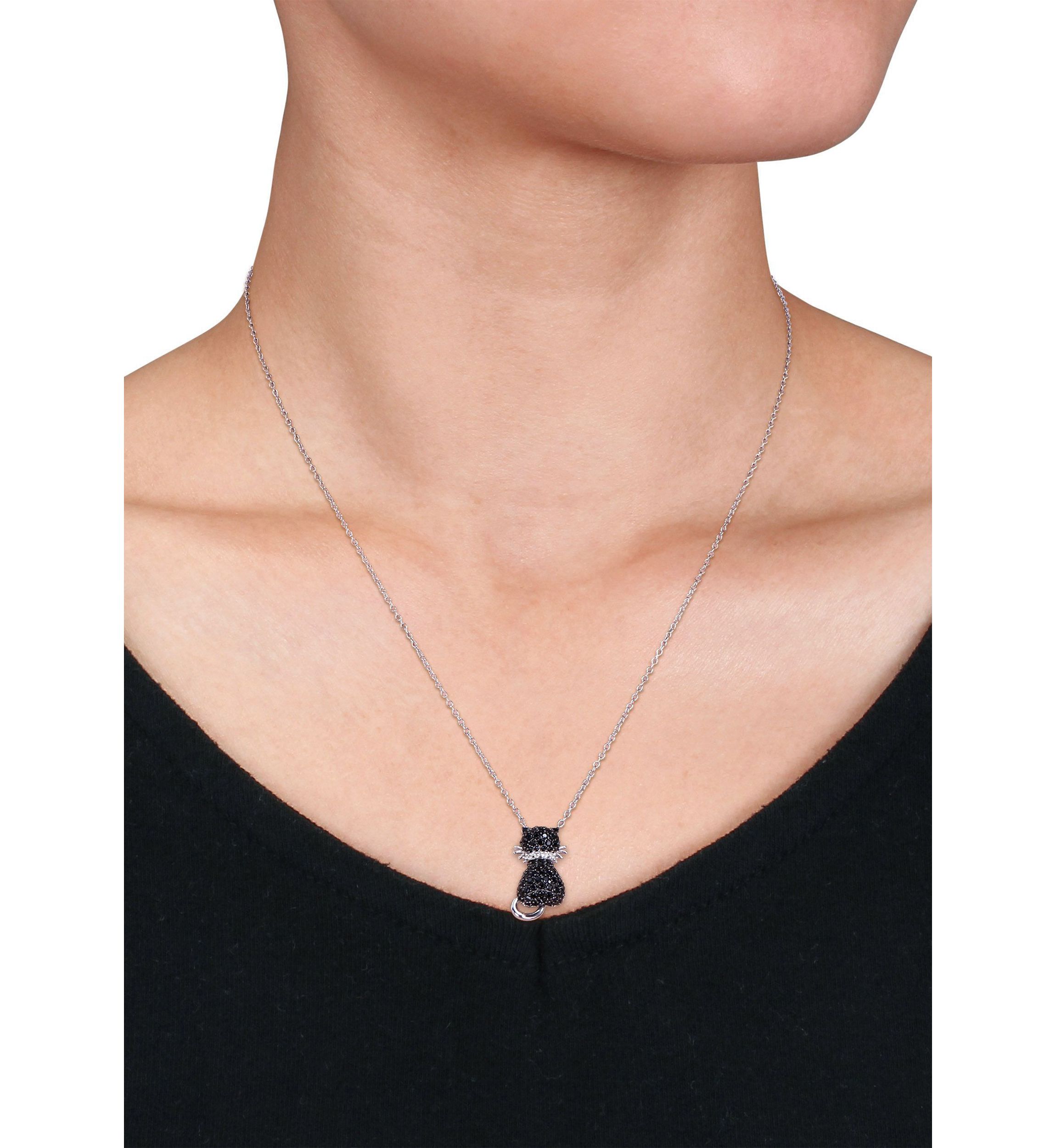 Black Spinel and Created White Sapphire Kitty Cat Pendant with Chain in Sterling Silver with Black Rhodium