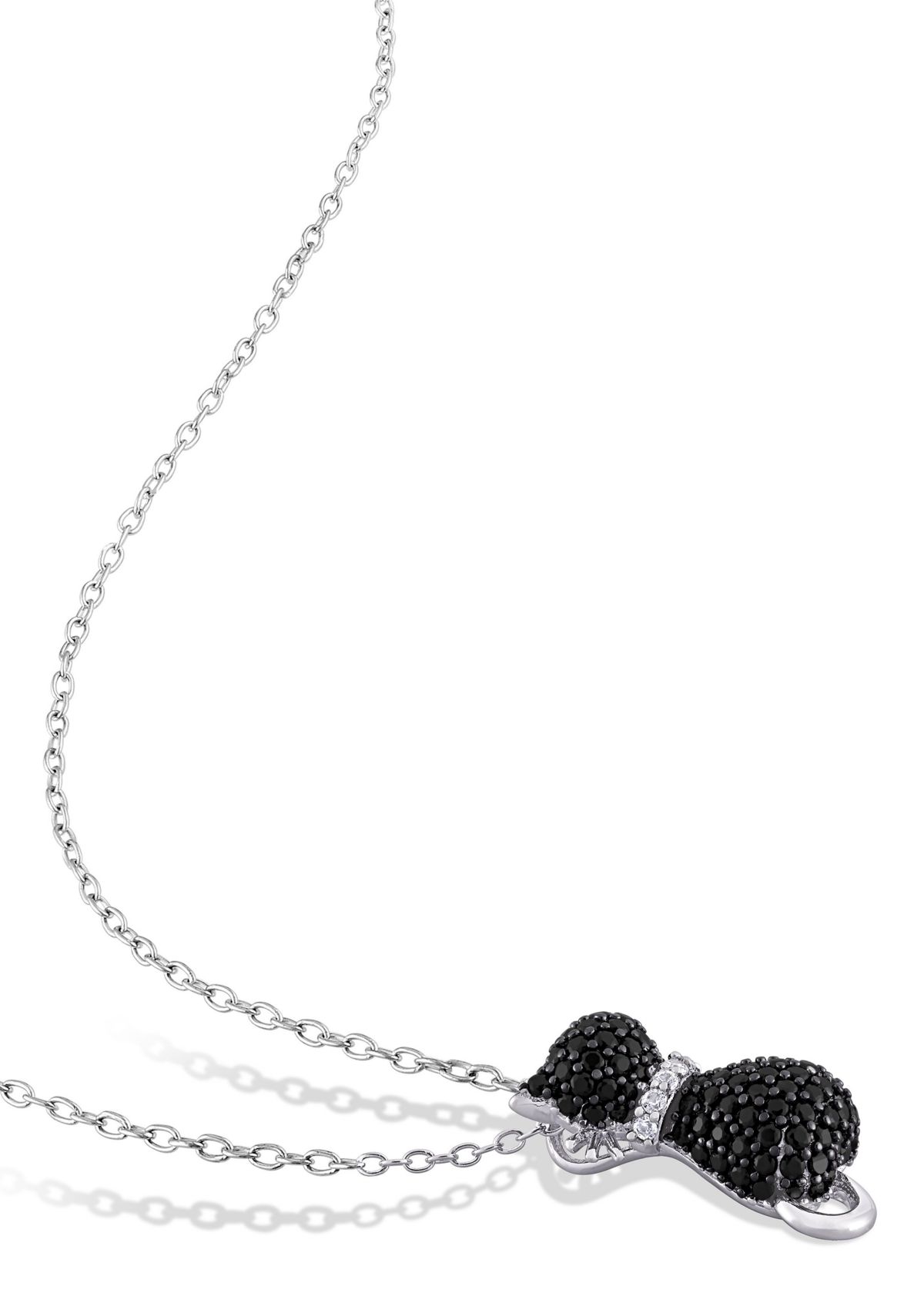 Black Spinel and Created White Sapphire Kitty Cat Pendant with Chain in Sterling Silver with Black Rhodium