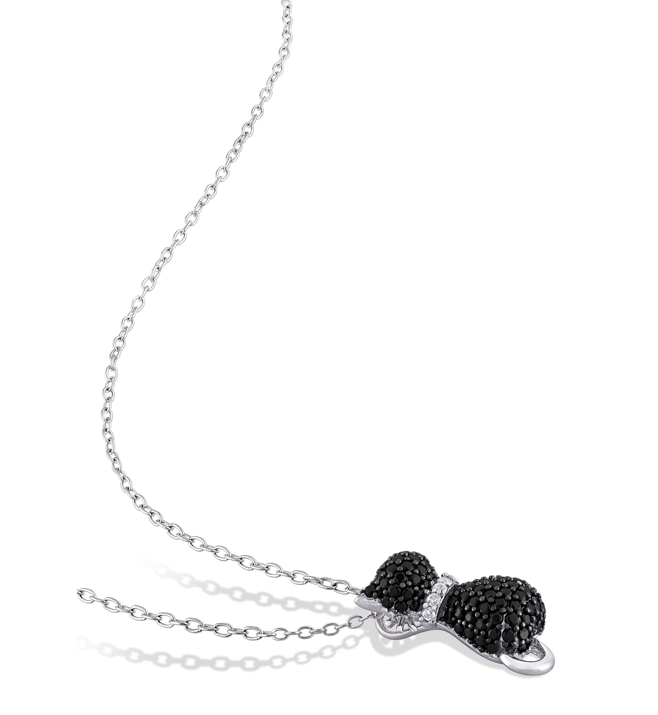 Black Spinel and Created White Sapphire Kitty Cat Pendant with Chain in Sterling Silver with Black Rhodium