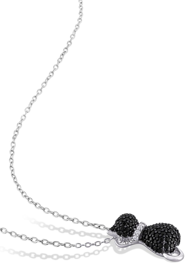 Black Spinel and Created White Sapphire Kitty Cat Pendant with Chain in Sterling Silver with Black Rhodium