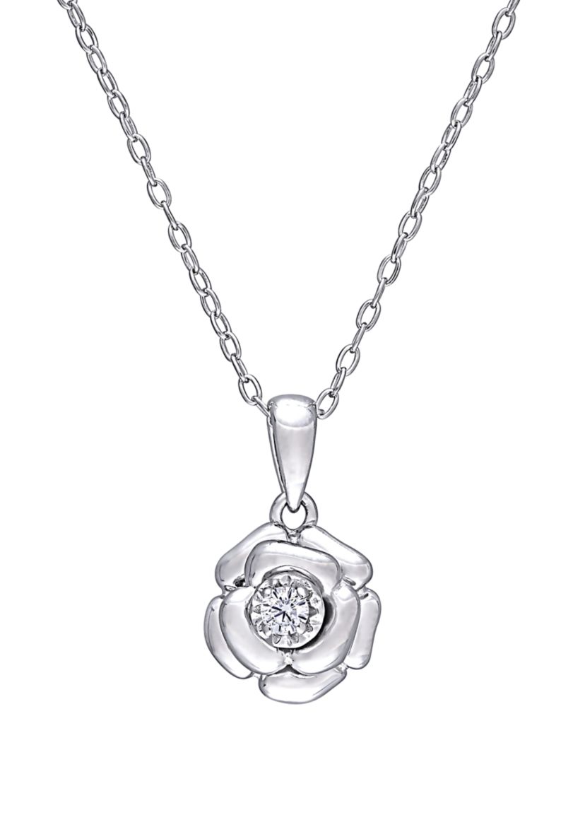  1/10 ct. t.w. Diamond Accent Flower Pendant with Chain in Sterling Silver