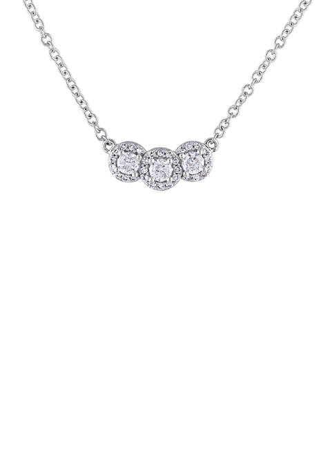 1/2 ct. t.w. Diamond Halo 3 Stone Necklace in 14k White Gold