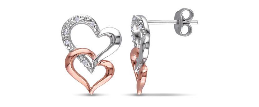 Diamond Double Heart Earrings in Two-Tone Sterling Silver