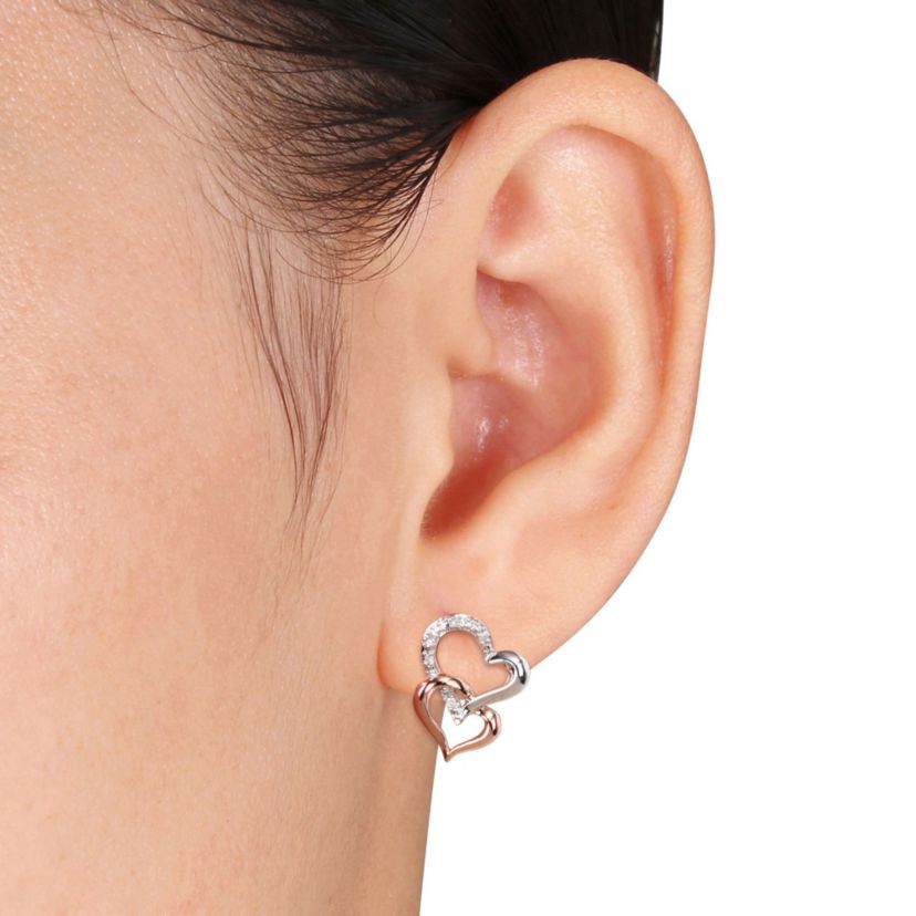 Diamond Double Heart Earrings in Two-Tone Sterling Silver