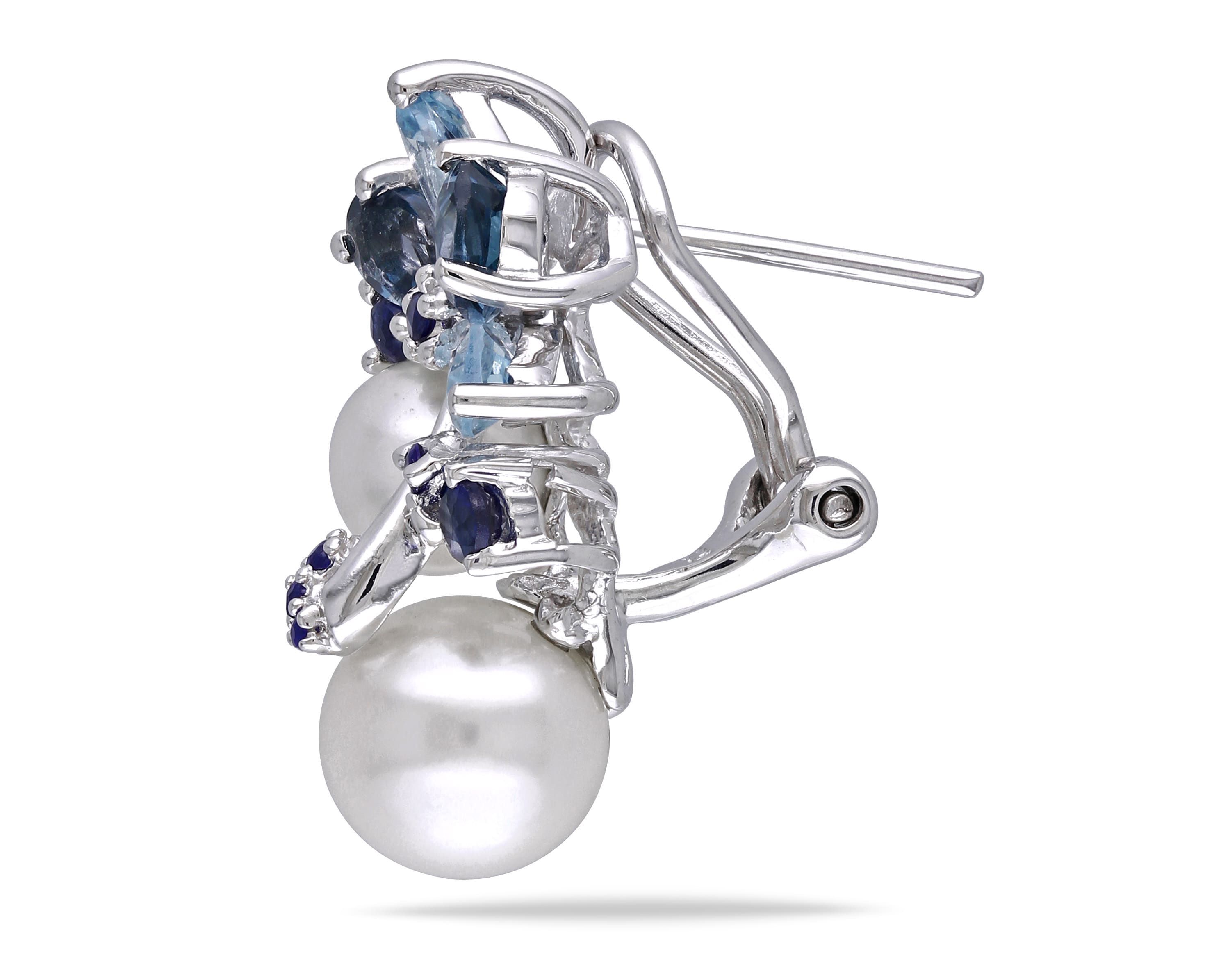 6-8.5MM Freshwater Cultured Pearl and London Blue and Sky Blue Topaz with Sapphire Cluster Earrings in Sterling Silver