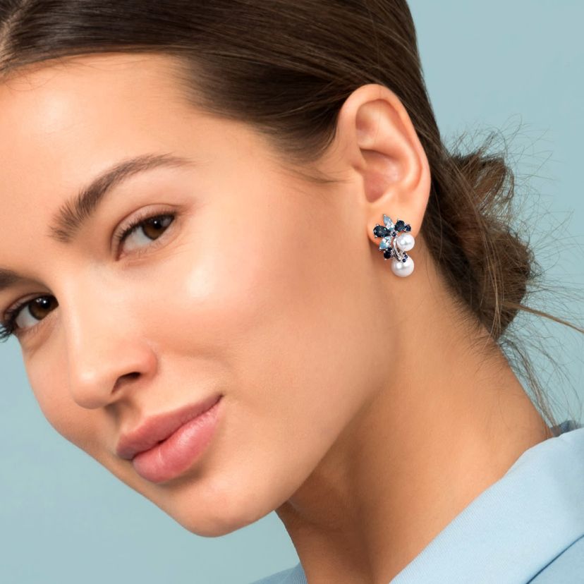 6-8.5MM Freshwater Cultured Pearl and London Blue and Sky Blue Topaz with Sapphire Cluster Earrings in Sterling Silver