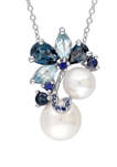 Cultured Freshwater Pearl, 2.3 ct. t.w. Blue Topaz and 2/5 ct. t.w. Sapphire Cluster Pendant with Chain in Sterling Silver