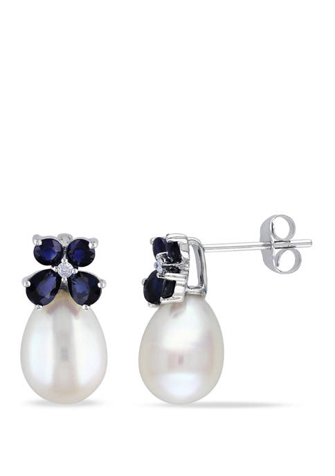 Pearl, 1.25 ct. t.w. Sapphire, 1/10 ct. t.w. Diamond Accent Bow Earrings in 10K White Gold