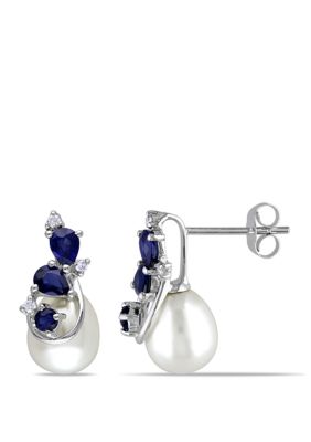 Belk & Co Pearl, 4/5 Ct. T.w. Sapphire, 1/10 Ct. T.w. Diamond Accent Drop Earrings In 10K White Gold