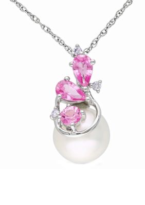 Belk & Co Pearl, 5/8 Ct. T.w. Pink Sapphire, 1/10 Ct. T.w. Diamond Necklace In 10K White Gold