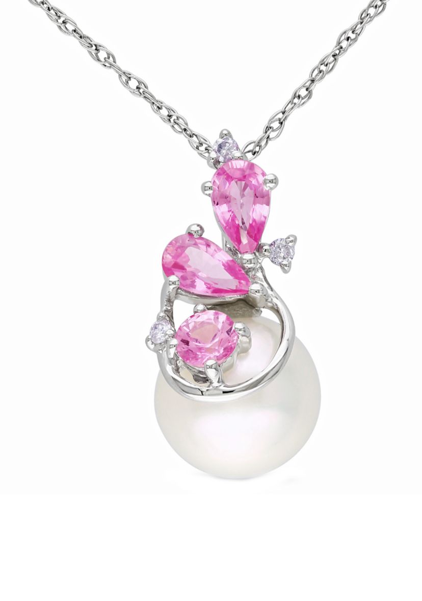Pearl,  5/8 ct. t.w. Pink Sapphire, 1/10 ct. t.w. Diamond Necklace in 10K White Gold
