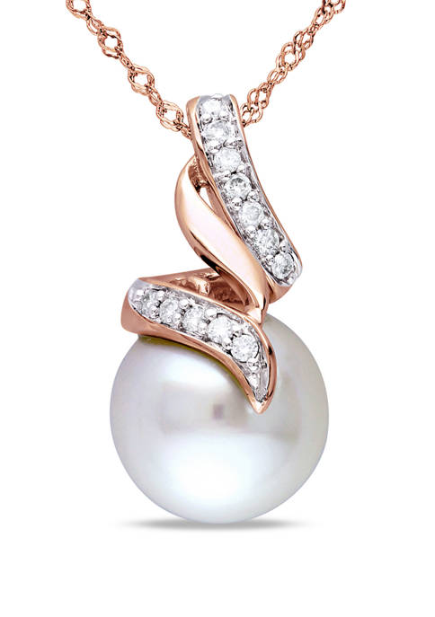 Pearl and 1/10 ct. t.w. Diamond Swirl Necklace in 10K Rose Gold