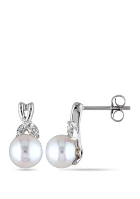 Belk & Co Pearl and 1/10 ct. t.w. Diamond Accent Twist Earrings in 10K White Gold