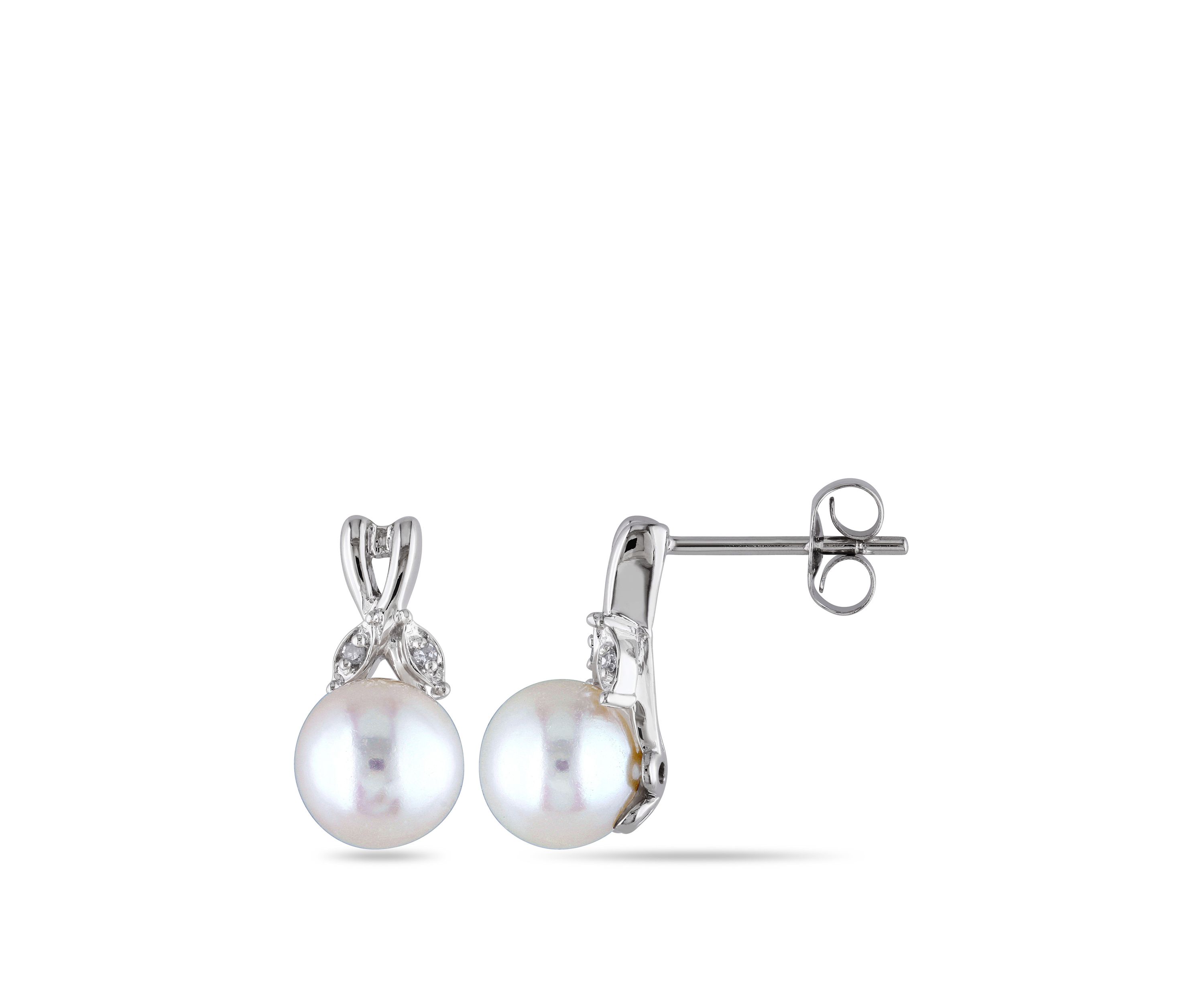 Pearl and 1/10 ct. t.w. Diamond Accent Twist Earrings in 10K White Gold
