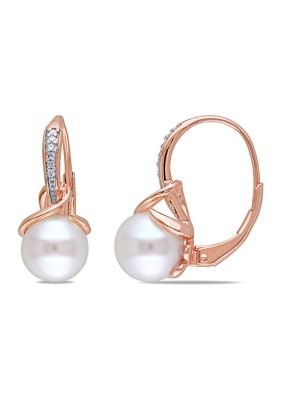 Belk & Co 8 MM White Cultured Freshwater Pearl and Diamond Leverback Twist Earrings in Rose Plated Sterling Silver, Pink