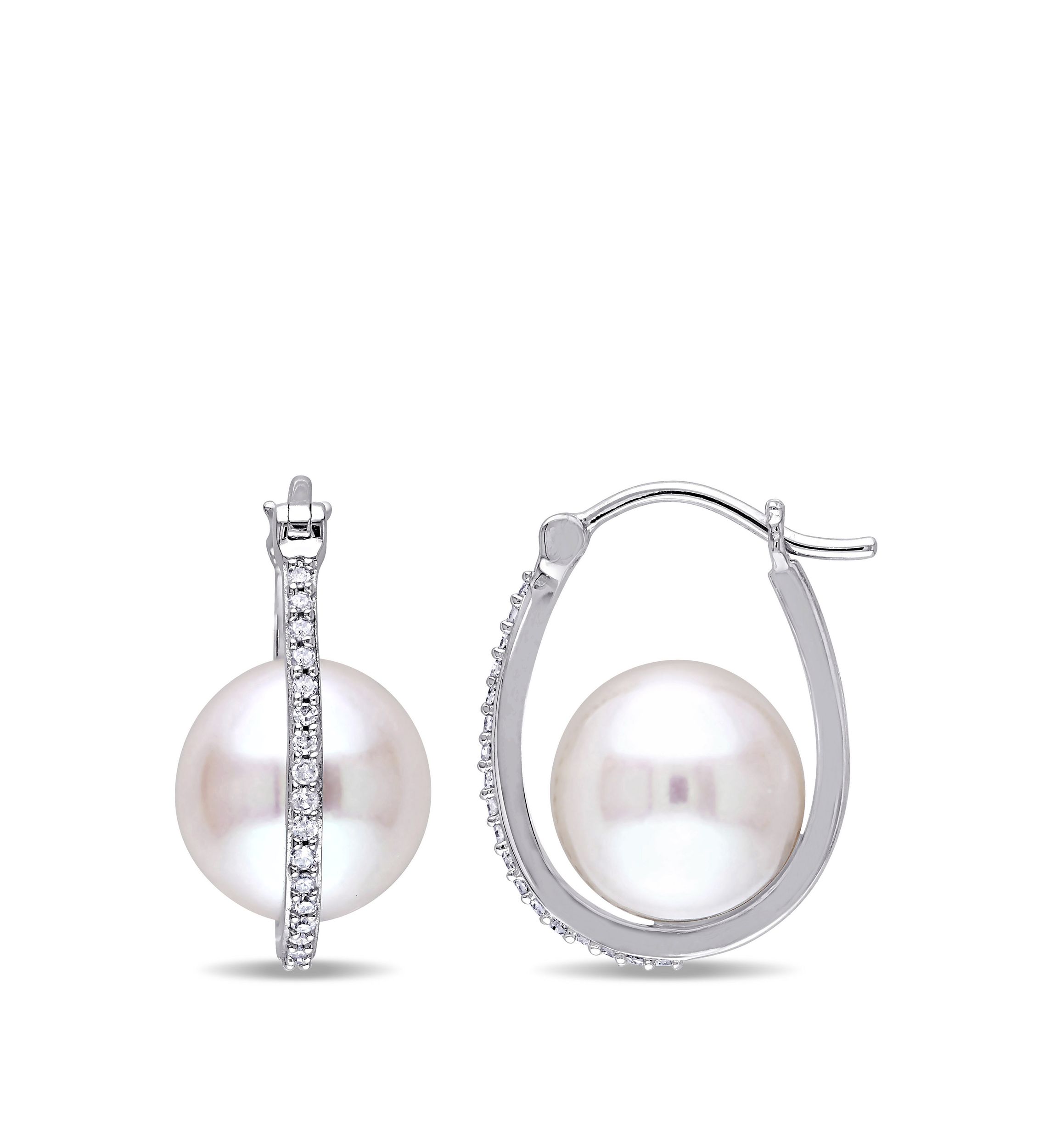 Pearl and 1/7 ct. t.w. Diamond Hoop Earrings in 10K White Gold