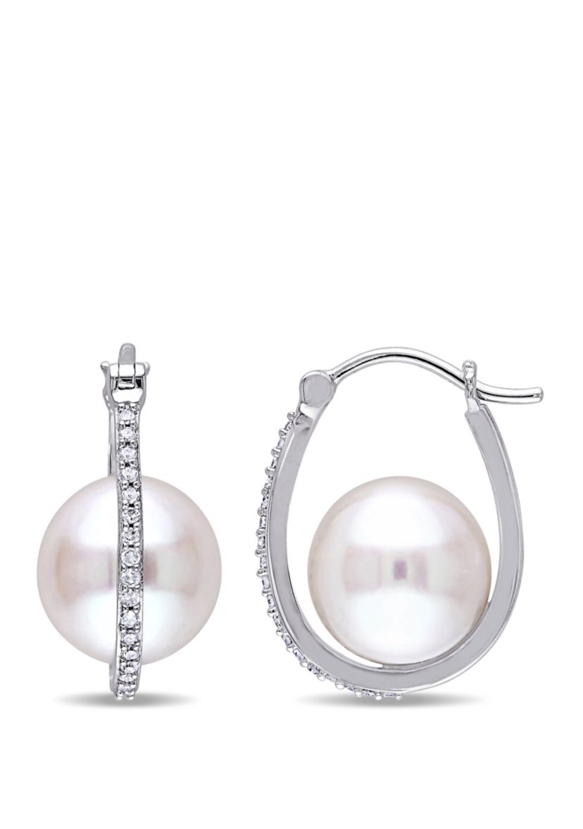 Pearl and 1/7 ct. t.w. Diamond Hoop Earrings in 10K White Gold