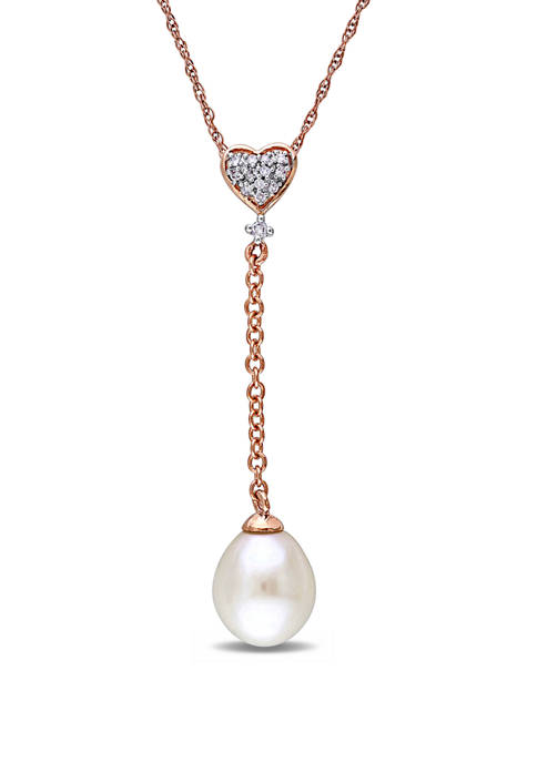 Pearl and 1/10 ct. t.w. Diamond Heart Lariat Necklace in 10K Rose Gold