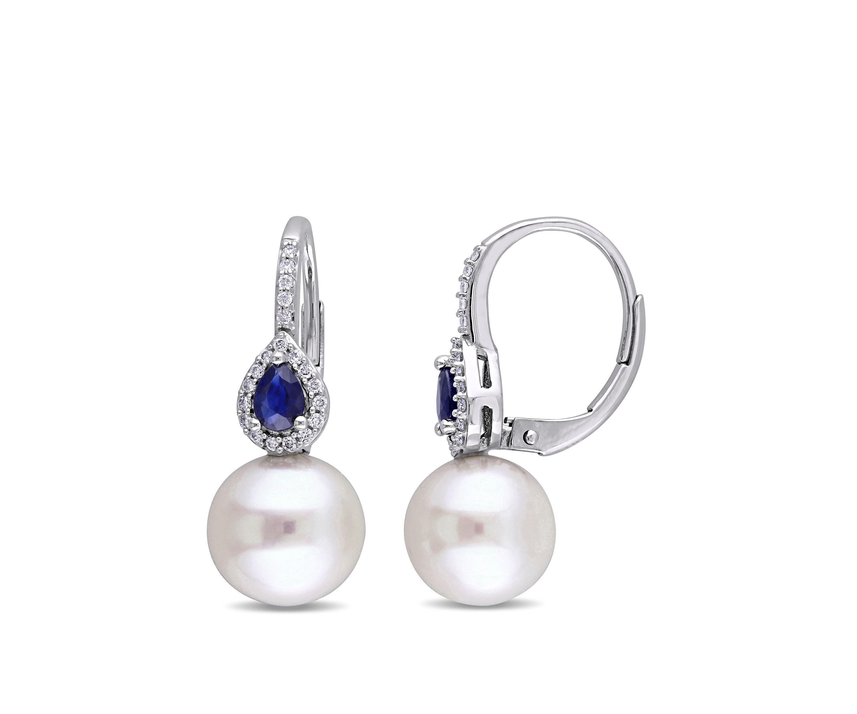 Pearl,  3/8 ct. t.w. Sapphire, and 1/8 ct. t.w. Diamond Earrings in 14K White Gold