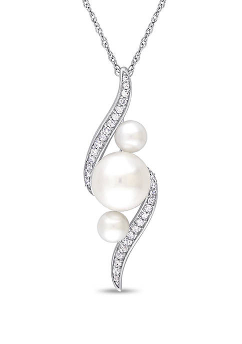 Pearl and 1/8 ct. t.w. Diamond Swirl Pendant with Chain in 10K White Gold