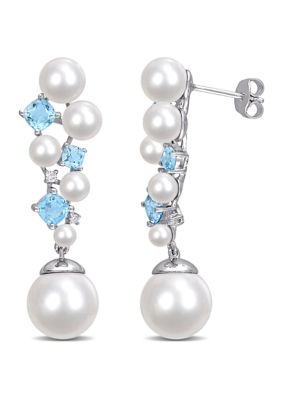 Belk & Co Pearl, 2.10 Swiss Blue Topaz Ct. T.w. And 1/10 Ct. T.w. Diamond Drop Earrings In Sterling Silver