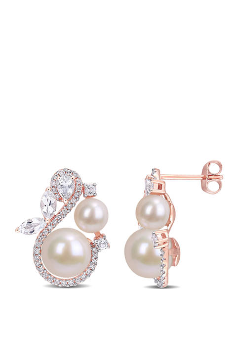 Pearl, 1.13 ct. t.w. White Topaz and 1/3 ct. t.w. Diamond Earrings in 10K Rose Gold