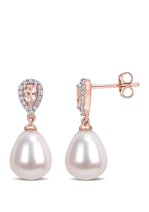 Pearl, Morganite 1/2 ct. t.w. and 1/7 ct. t.w. Diamond Drop Earrings in 10K Rose Gold