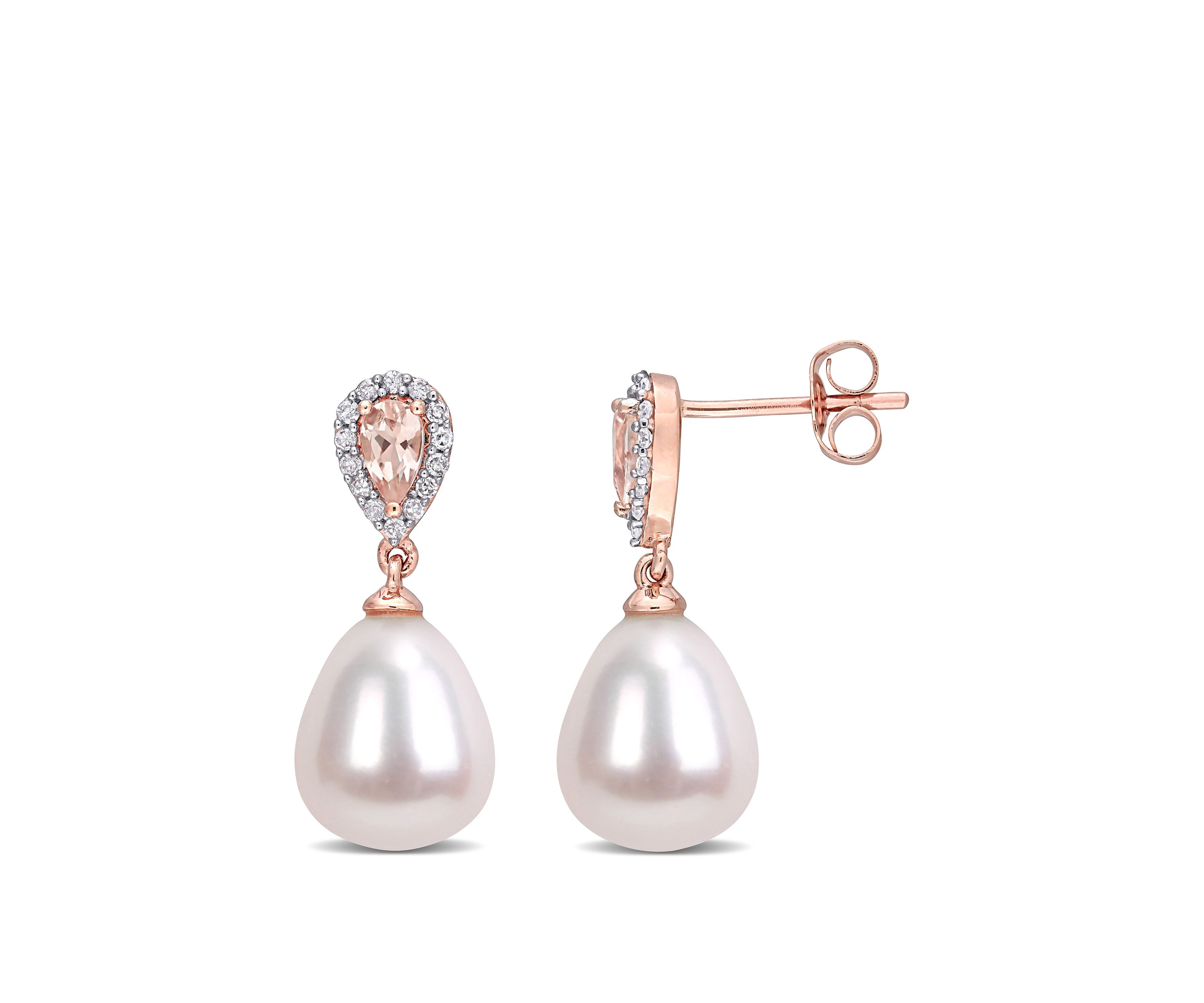 Pearl, Morganite 1/2 ct. t.w. and 1/7 ct. t.w. Diamond Drop Earrings in 10K Rose Gold