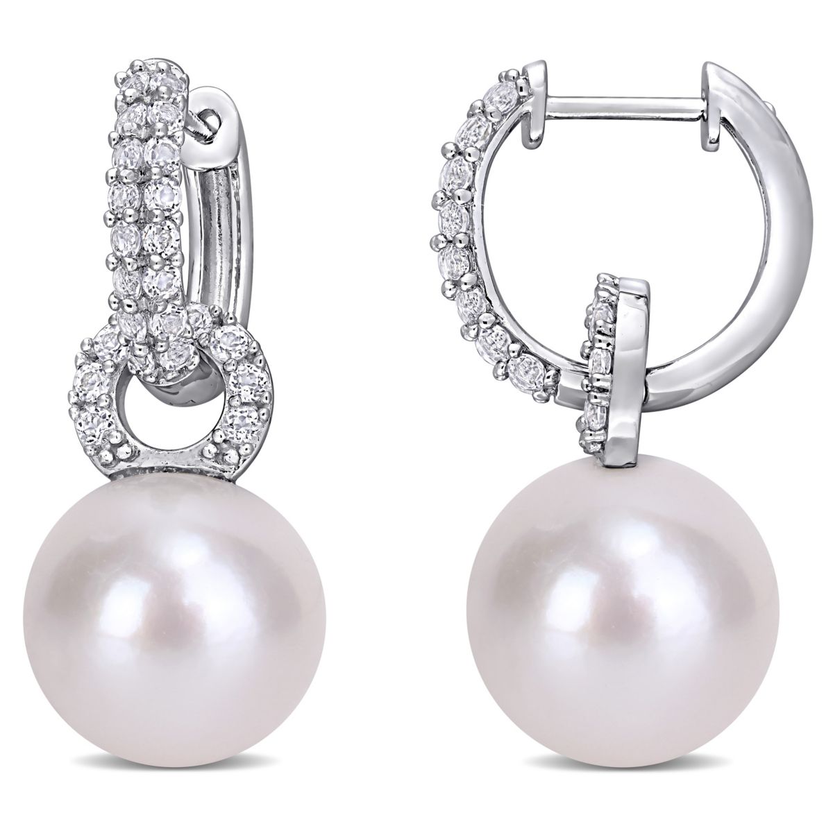 11-12MM Freshwater Cultured Pearl and White Topaz Drop Earrings in Sterling Silver