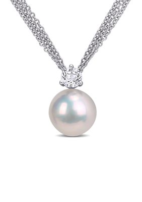 Belk & Co 11-12 Millimeter Cultured Freshwater Pearl and 3/4 ct. t.w. White Topaz Pendant with Chain in Sterling Silver