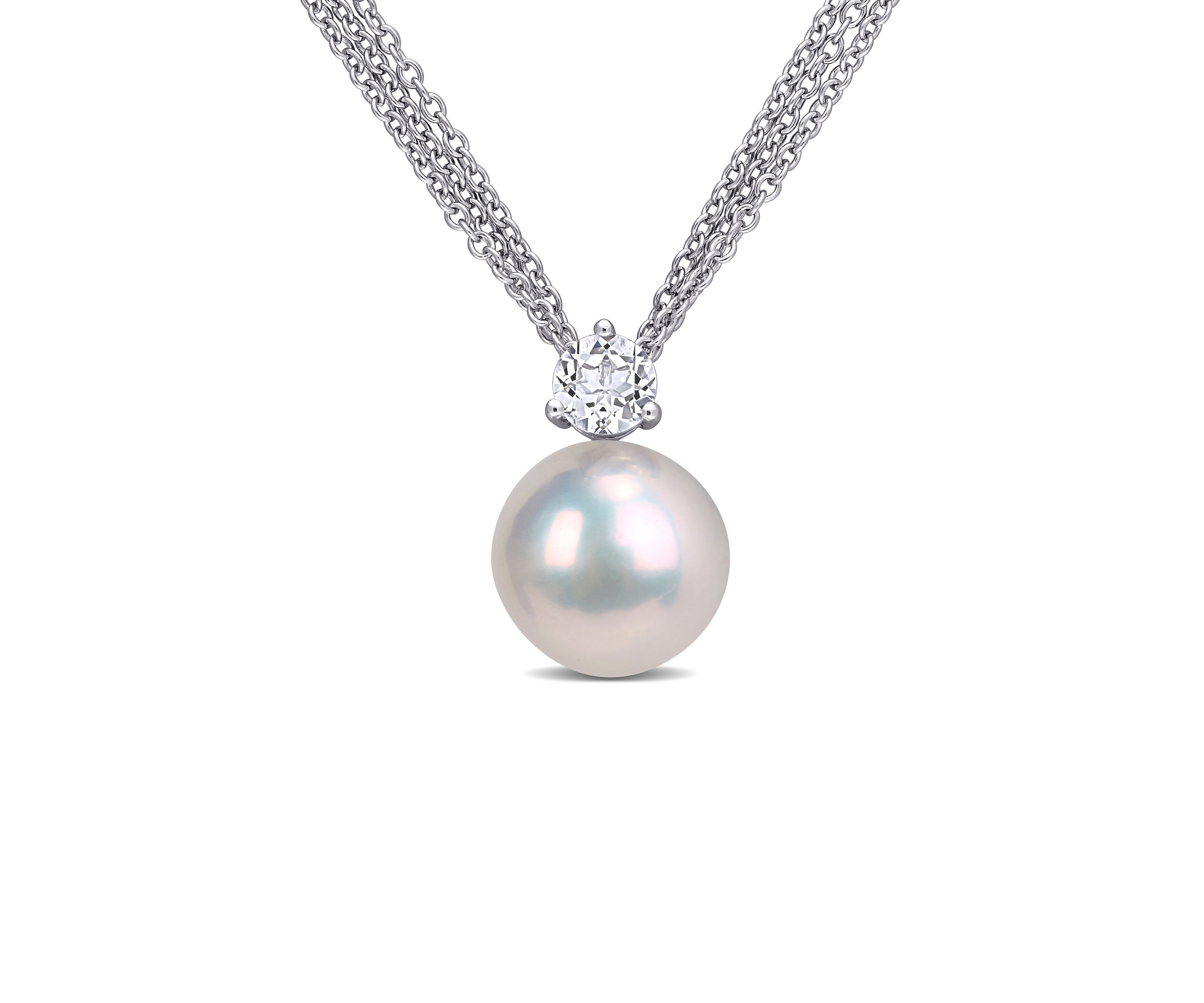 11-12 Millimeter Cultured Freshwater Pearl and 3/4 ct. t.w. White Topaz Pendant with Chain in Sterling Silver