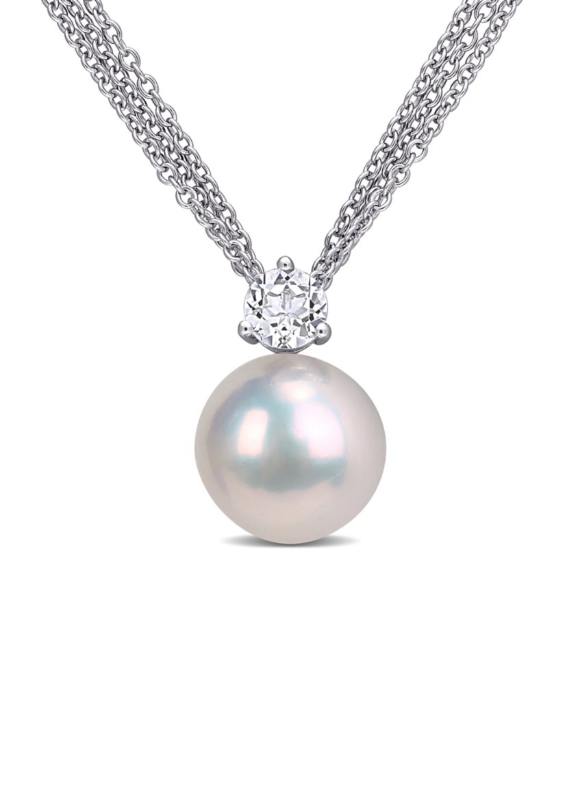 11-12 Millimeter Cultured Freshwater Pearl and 3/4 ct. t.w. White Topaz Pendant with Chain in Sterling Silver