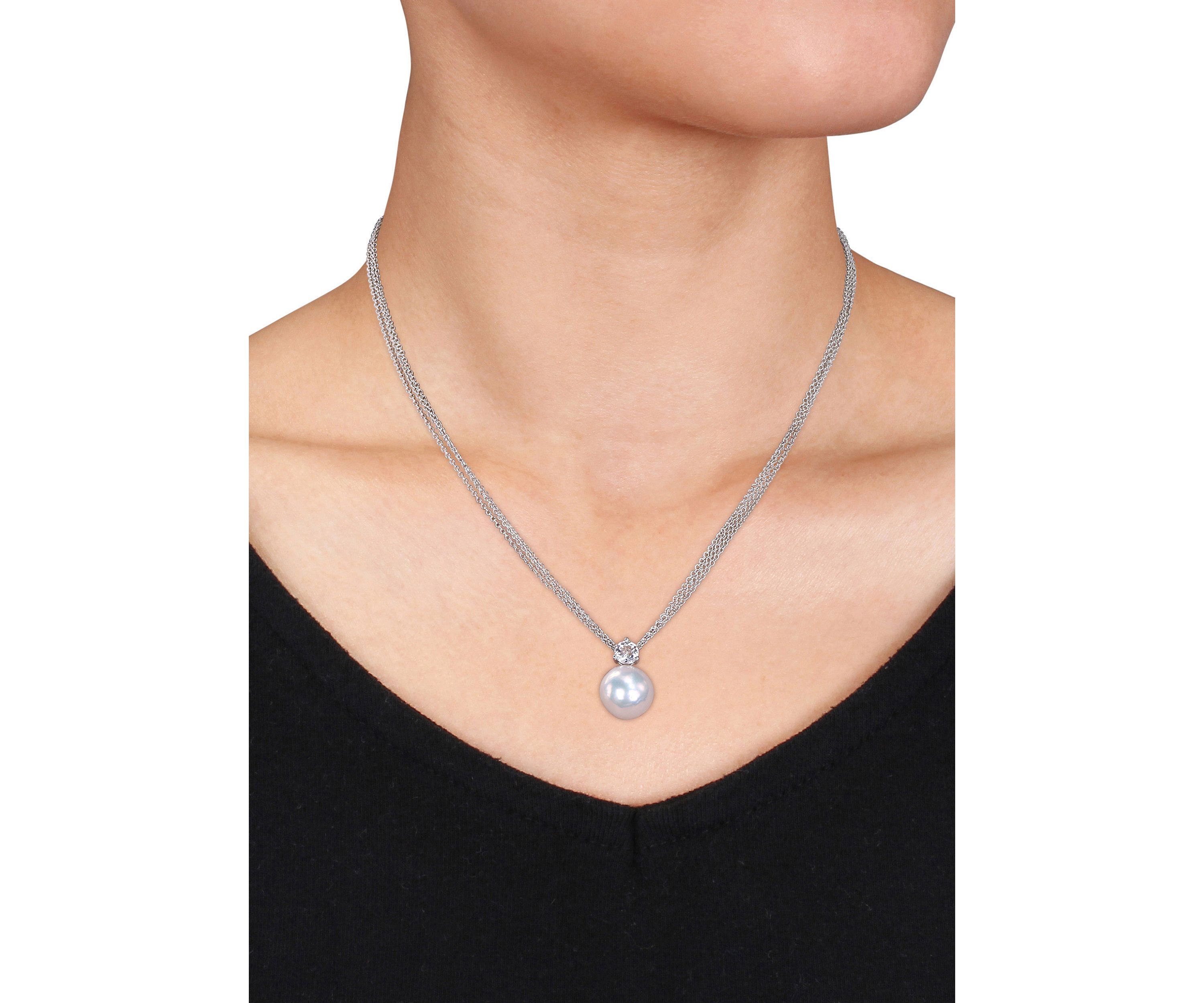 11-12 Millimeter Cultured Freshwater Pearl and 3/4 ct. t.w. White Topaz Pendant with Chain in Sterling Silver