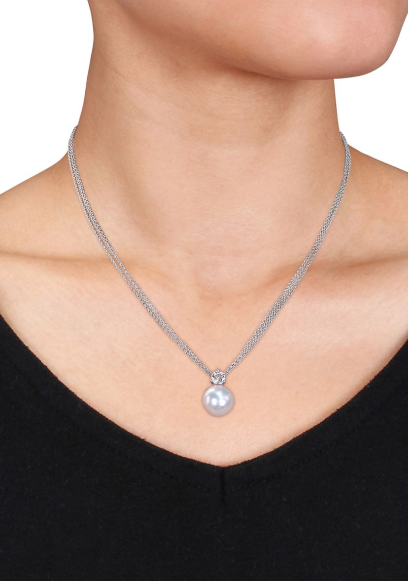 11-12 Millimeter Cultured Freshwater Pearl and 3/4 ct. t.w. White Topaz Pendant with Chain in Sterling Silver