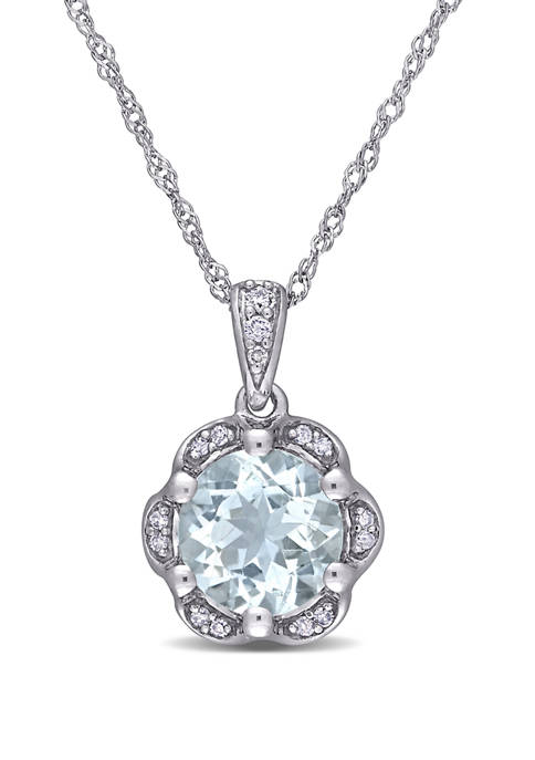 1.15 ct. t.w. Aquamarine and 1/10 ct. t.w. Diamond Accent Flower Necklace in 14K White Gold 