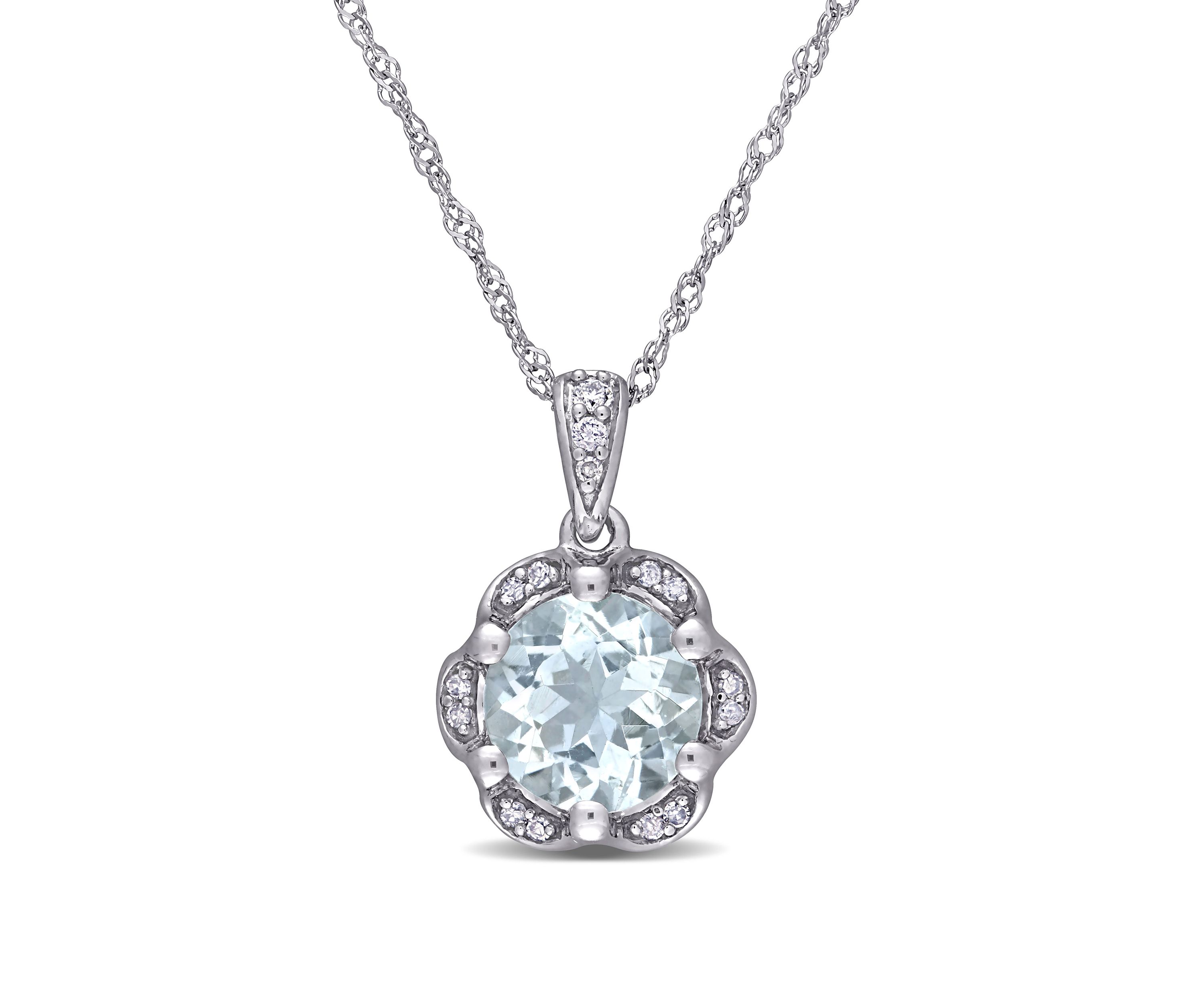 1.15 ct. t.w. Aquamarine and 1/10 ct. t.w. Diamond Accent Flower Necklace in 14K White Gold 