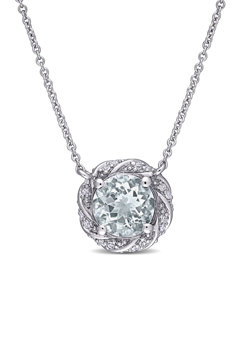 1.2 ct. t.w. Aquamarine and 1/8 ct. t.w. Diamond Halo Pendant with Chain in 10K White Gold 
