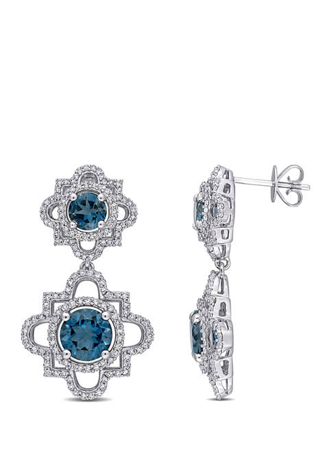  4.33 ct. t.w. London-Blue Topaz and 1 ct. t.w. Diamond Quatrefoil Drop Earrings in 14k White Gold