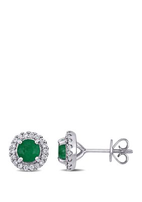 Belk & Co 4/5 Ct. T.w. Emerald And 1/3 Ct. T.w. Diamond Halo Stud Earrings In 14K White Gold -  0686692190405